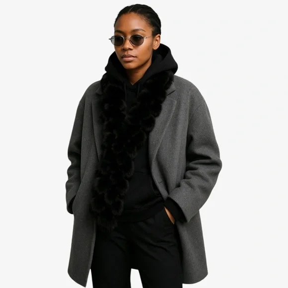 Valerie Stevens Luxurious Black Rabbit Fur Pom Pom Scarf Wrap OS 60”